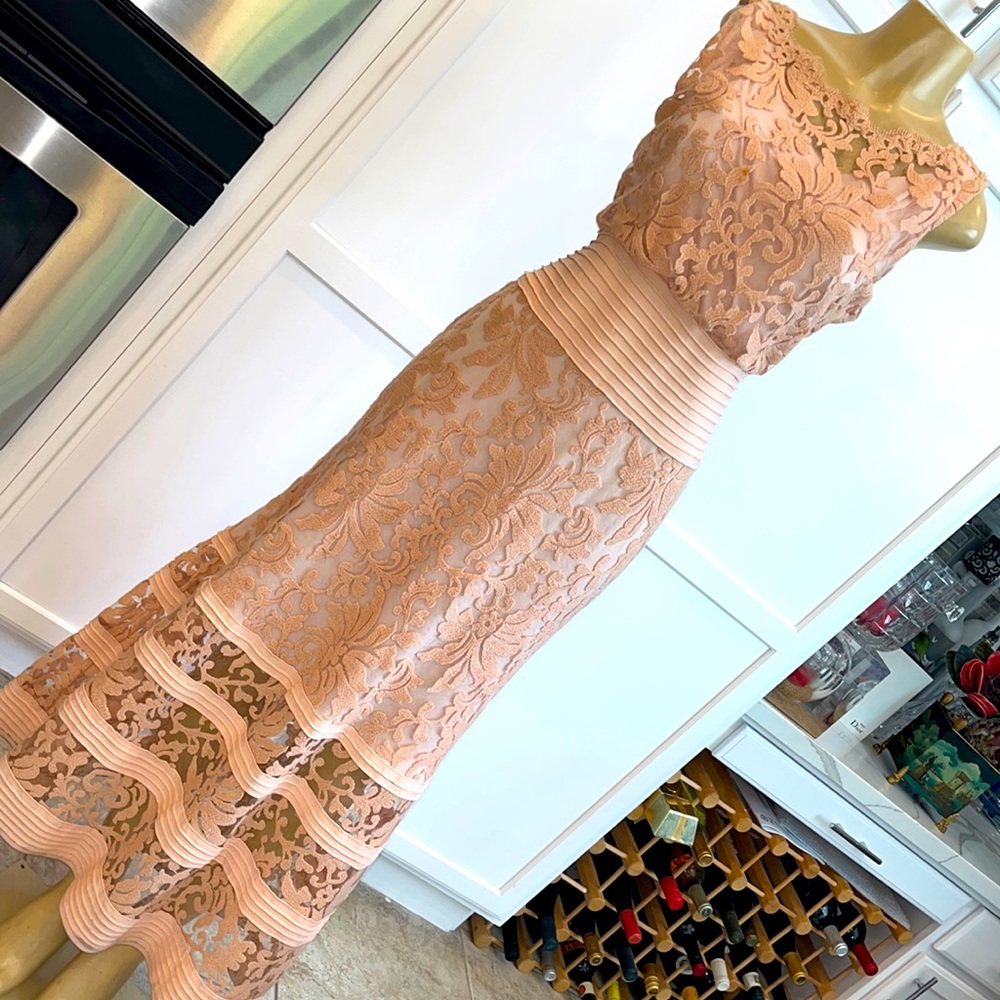 COPY - TADASHI SHOJI SIZE 12 PEACH LACE EVENING DRESS